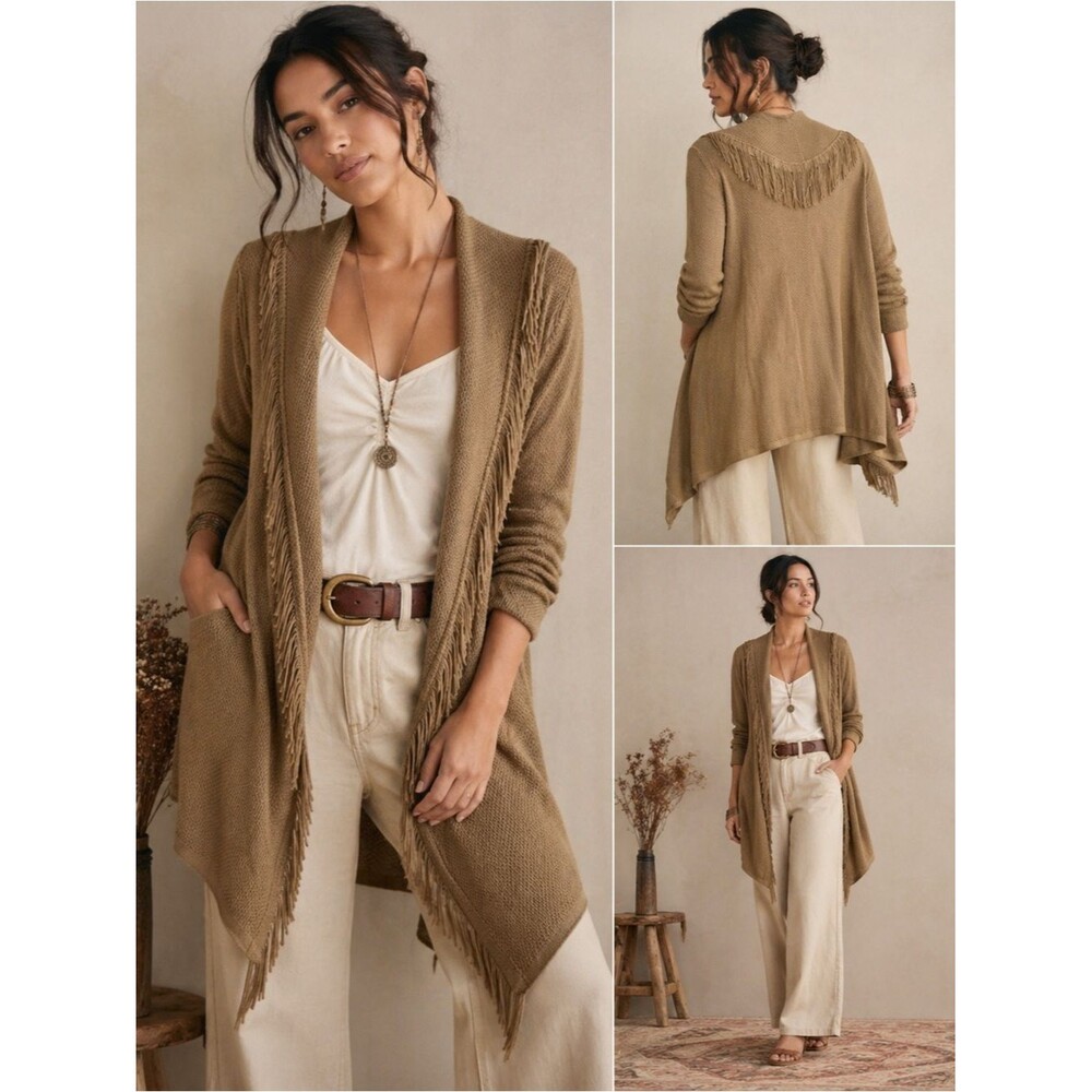 J. Jill Open Cardigan Sweater Tan Fringed Size XL Casual Bohemian Neutral Camel